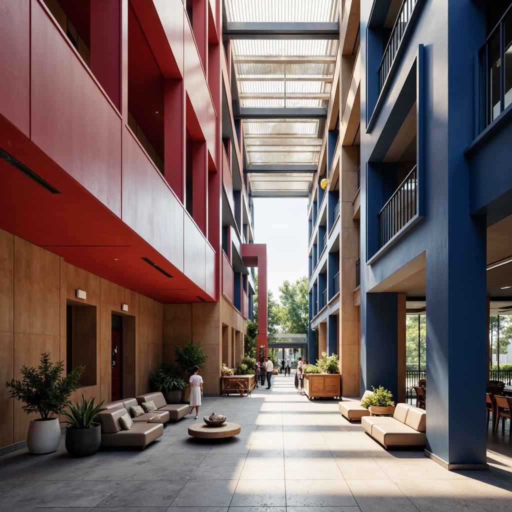 Prompt: Monumental courthouse, geometric shapes, bold lines, primary color scheme, vibrant red accents, deep blue tones, neutral beige backgrounds, industrial metal fixtures, sleek wooden furnishings, minimalist decor, high ceilings, natural light pouring, dramatic shadows, 3/4 composition, shallow depth of field, realistic textures, ambient occlusion.