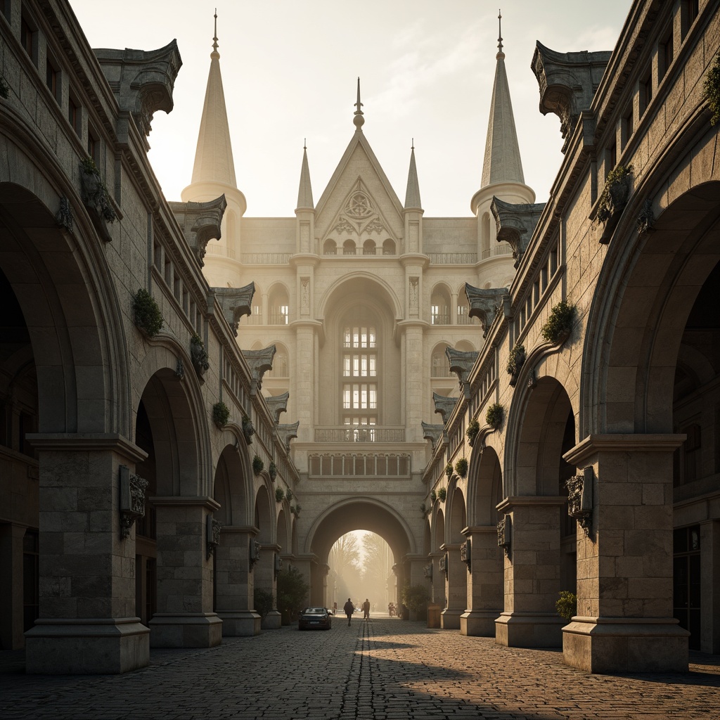 Prompt: Grandiose vehicular bridges, pointed arches, ribbed vaults, flying buttresses, ornate pinnacles, intricate stone carvings, mystical gargoyles, grand entrance gates, cobblestone roads, misty atmosphere, soft warm lighting, dramatic shadows, 3/4 composition, symmetrical architecture, realistic textures, ambient occlusion.Note