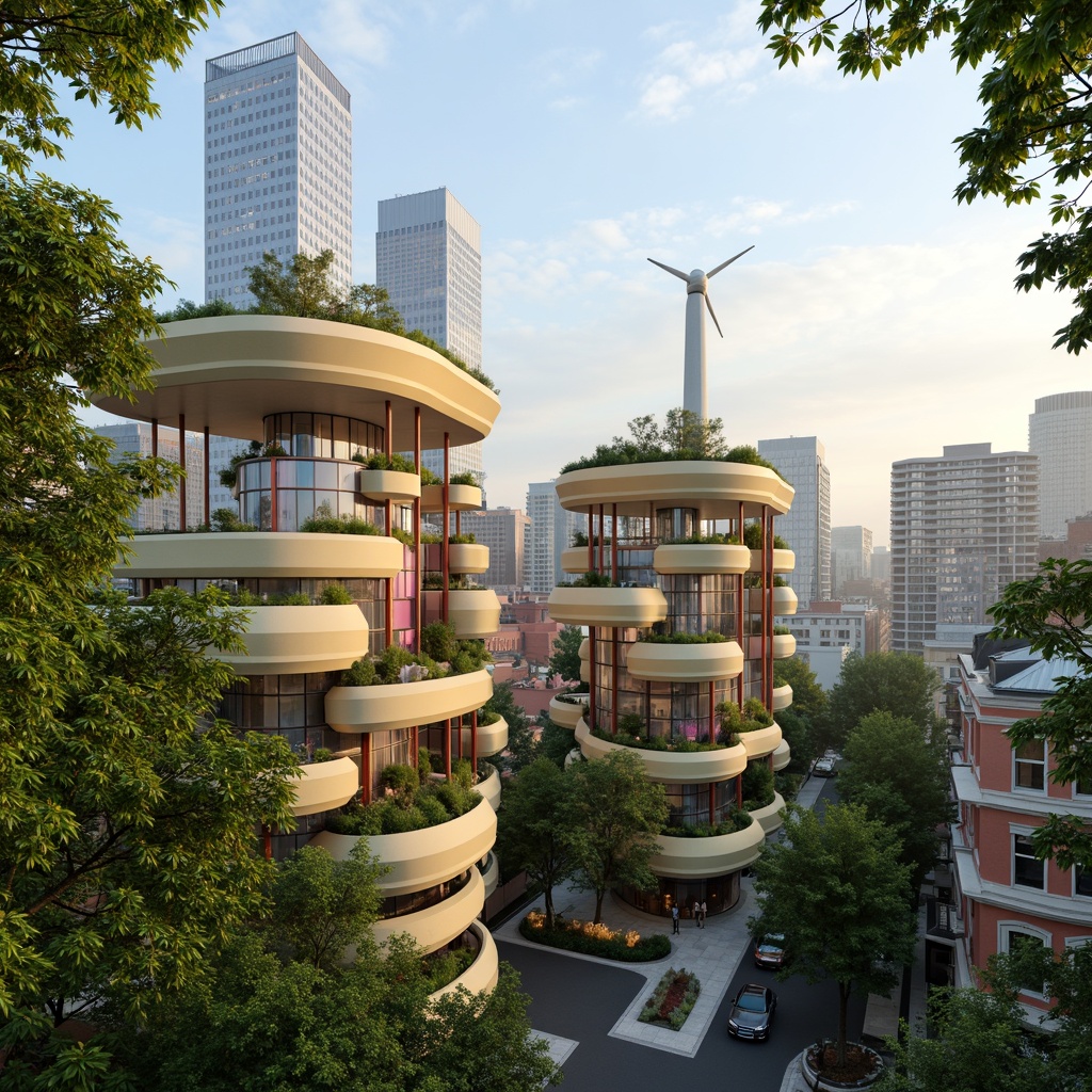 Prompt: Eco-friendly blob-like buildings, organic shapes, green roofs, solar panels, wind turbines, rainwater harvesting systems, recyclable materials, natural ventilation, passive energy design, futuristic architecture, vibrant colors, abstract patterns, urban landscape, modern cityscape, sunny day, soft warm lighting, shallow depth of field, 3/4 composition, panoramic view, realistic textures, ambient occlusion.