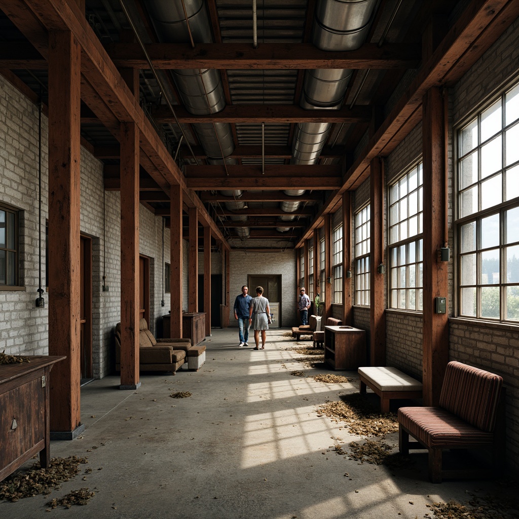 Prompt: Industrial metal frames, distressed wood textures, exposed brick walls, concrete floors, steel beams, mechanical pipes, reclaimed wooden planks, corrugated metal sheets, functional minimalism, brutalist architecture, urban decay, abandoned factories, worn-out machinery, vintage manufacturing equipment, rusty metal tones, earthy color palette, harsh overhead lighting, dramatic shadows, 3/4 composition, cinematic atmosphere.