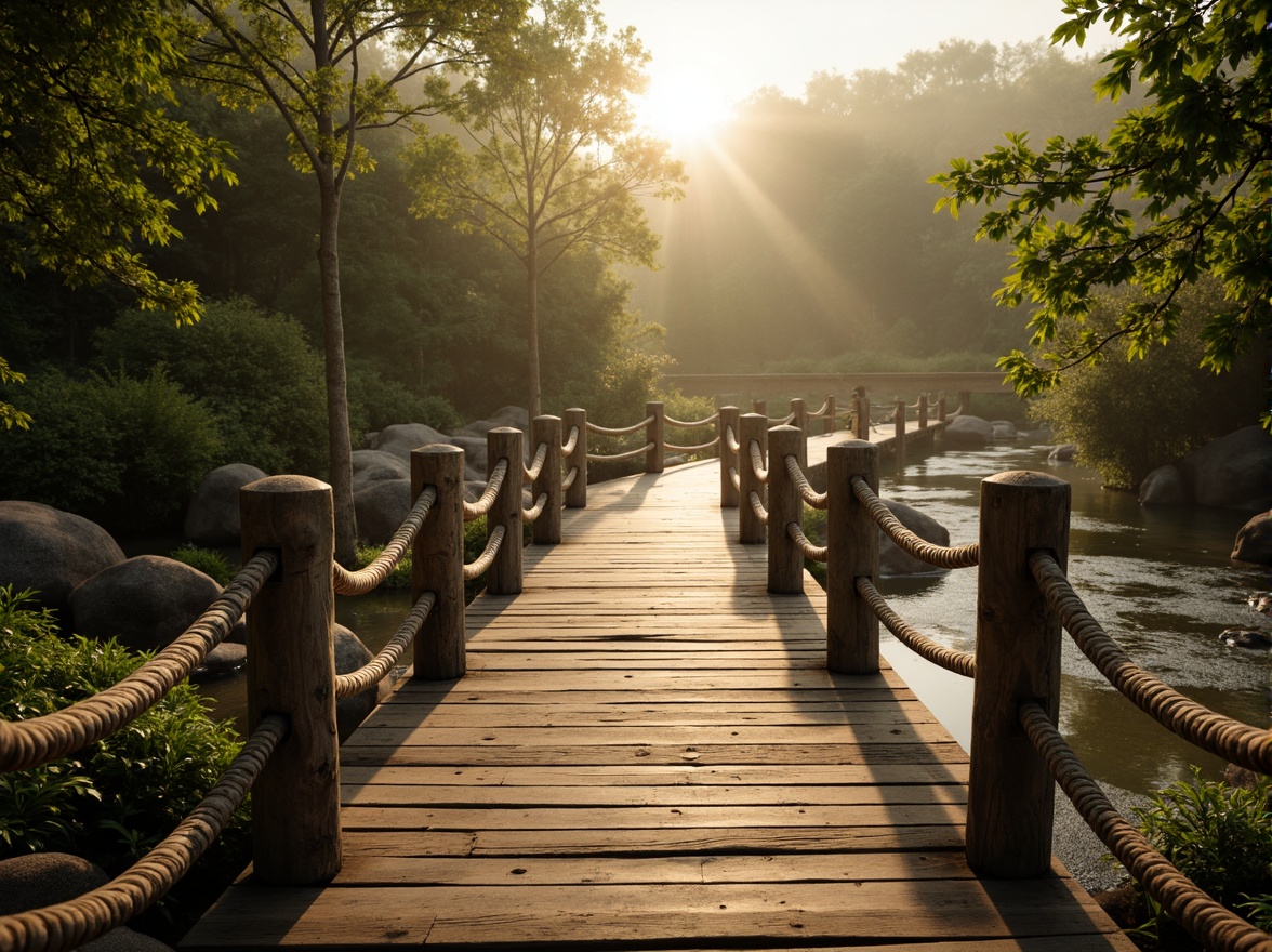 Prompt: Rustic wooden bridge, natural stone piers, earthy tones, organic curves, woven rope railings, wooden decking, verdant surroundings, lush greenery, serene water flow, misty atmosphere, warm golden lighting, shallow depth of field, 3/4 composition, panoramic view, realistic textures, ambient occlusion.