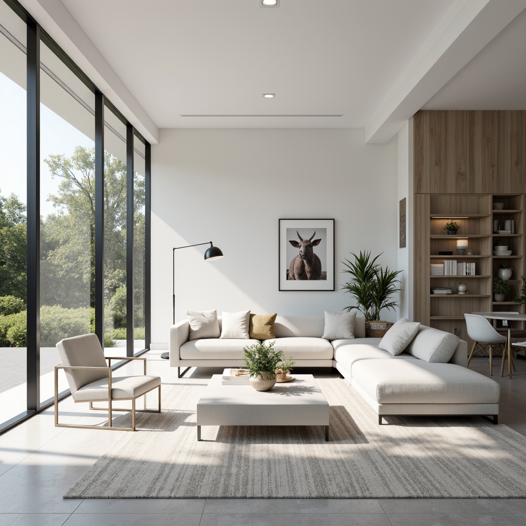 Prompt: Monochromatic color scheme, clean lines, minimal ornamentation, ample negative space, sleek metallic accents, subtle textures, modern furniture pieces, sparse greenery, abundant natural light, airy atmosphere, shallow depth of field, 1/1 composition, panoramic view, realistic reflections, ambient occlusion.