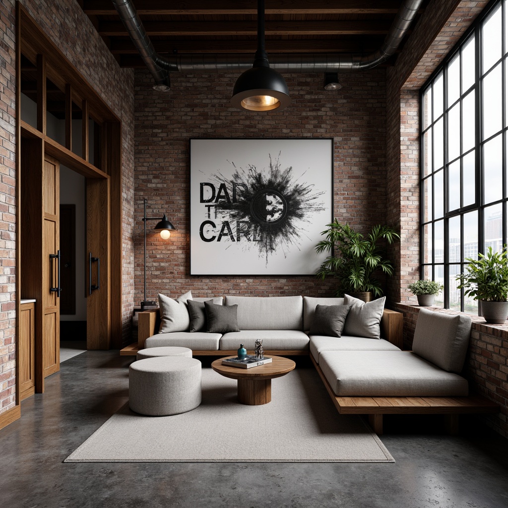 Prompt: Industrial aesthetic, exposed brick walls, raw concrete floors, metal beams, reclaimed wood accents, industrial pipes, Edison bulbs, geometric patterns, bold typography, minimalist decor, functional furniture, urban loft atmosphere, natural light, high ceilings, open space layout, modern cityscape views, gritty textures, abstract art pieces, monochromatic color scheme, dramatic shadows, low-key lighting, cinematic composition.