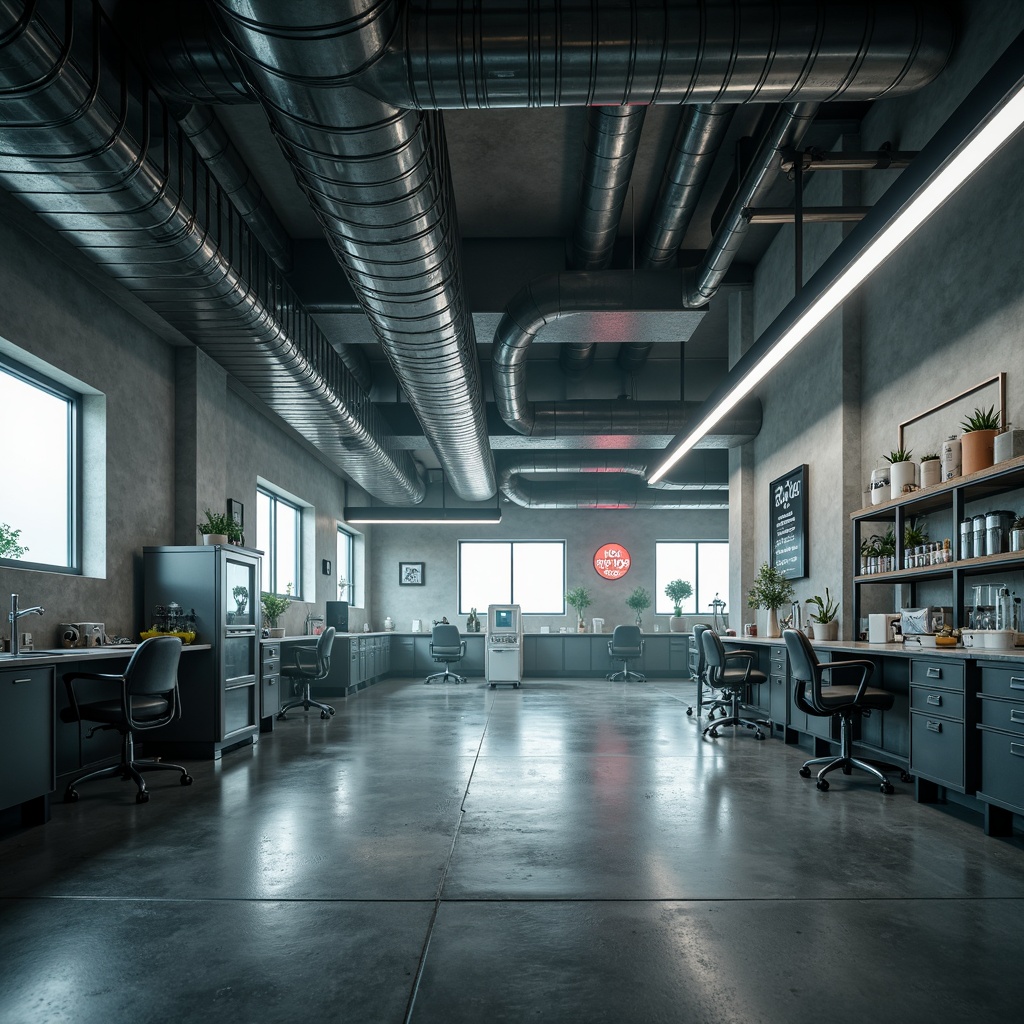 Prompt: Exposed ductwork, industrial pipes, concrete flooring, brutalist architecture, laboratory equipment, scientific instruments, metal shelving, minimalist decor, functional lighting, overhead lighting, task lighting, accent lighting, LED strips, neon signs, cold white light, high contrast ratios, dramatic shadows, 3/4 composition, symmetrical framing, harsh textures, ambient occlusion, atmospheric fog effect.