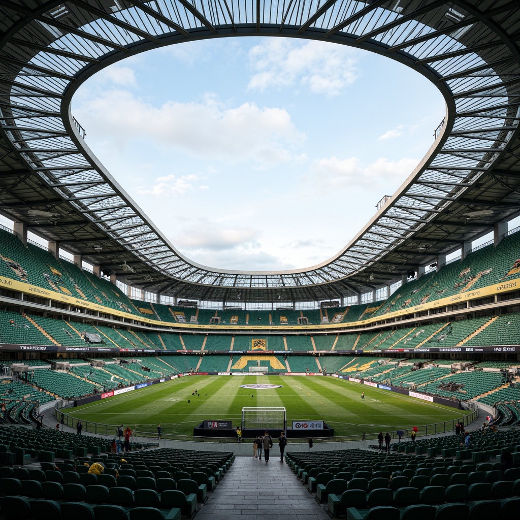 Prompt: Modern soccer stadium, curved rooflines, translucent canopies, steel trusses, green roofs, solar panels, rainwater harvesting systems, wind turbines, sleek metal cladding, angular lines, minimalist design, vibrant team colors, dynamic LED lighting, panoramic views, shallow depth of field, 3/4 composition, realistic textures, ambient occlusion.