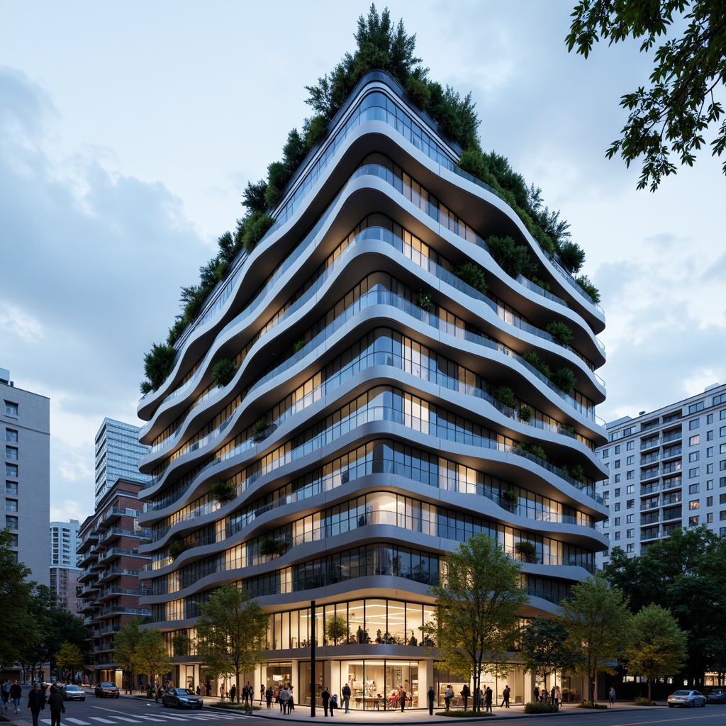 Prompt: Modern apartment building, sleek glass facade, reflective metal panels, angular balconies, cantilevered structures, green roofs, living walls, vertical gardens, futuristic LED lighting, vibrant color scheme, geometric patterns, minimalist aesthetic, urban cityscape, cloudy day, soft diffused light, shallow depth of field, 1/1 composition, realistic textures, ambient occlusion.