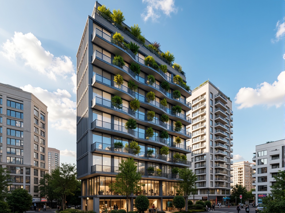 Prompt: Modern apartment building, sleek glass facade, vertical green walls, balconies with metal railings, floor-to-ceiling windows, sliding doors, minimalist decor, urban cityscape, blue skies, fluffy white clouds, warm sunlight, shallow depth of field, 3/4 composition, panoramic view, realistic textures, ambient occlusion, geometric patterns, LED lighting systems, energy-efficient solutions, rainwater harvesting systems, rooftop gardens, vibrant colorful accents, innovative materials, futuristic aesthetic.