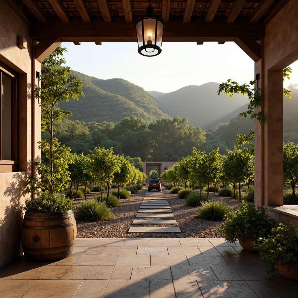 Prompt: Vineyard landscape, rolling hills, lush green vines, rustic wooden trellises, stone pathways, wine barrel planters, Mediterranean-inspired architecture, earthy tones, clay roof tiles, ornate metalwork, lantern-style lighting, warm ambient glow, soft focus, shallow depth of field, 2/3 composition, natural textures, atmospheric perspective.