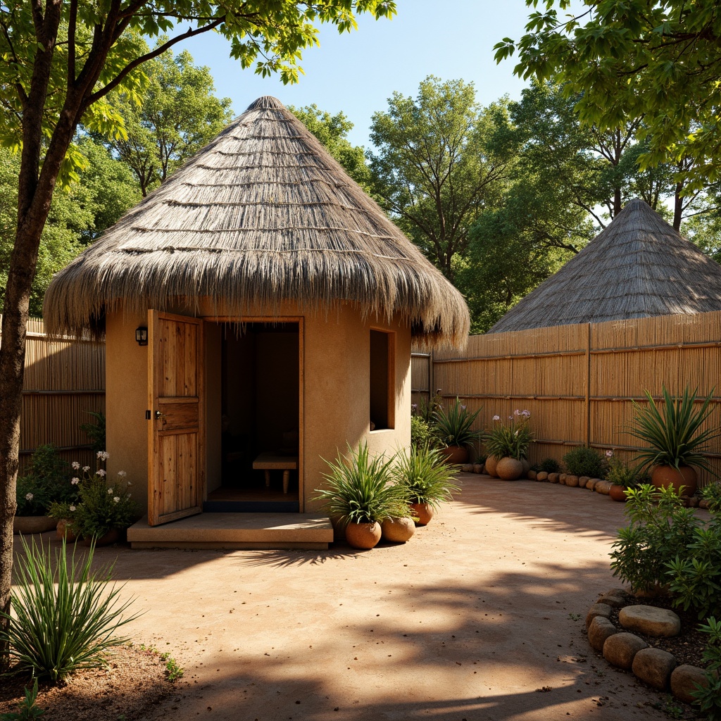 Prompt: Traditional African hut, Chukum mud walls, thatched roof, natural earth tones, rustic wooden doors, woven bamboo fences, lush green vegetation, tropical climate, warm sunny day, soft diffused lighting, shallow depth of field, 1/1 composition, realistic textures, ambient occlusion.