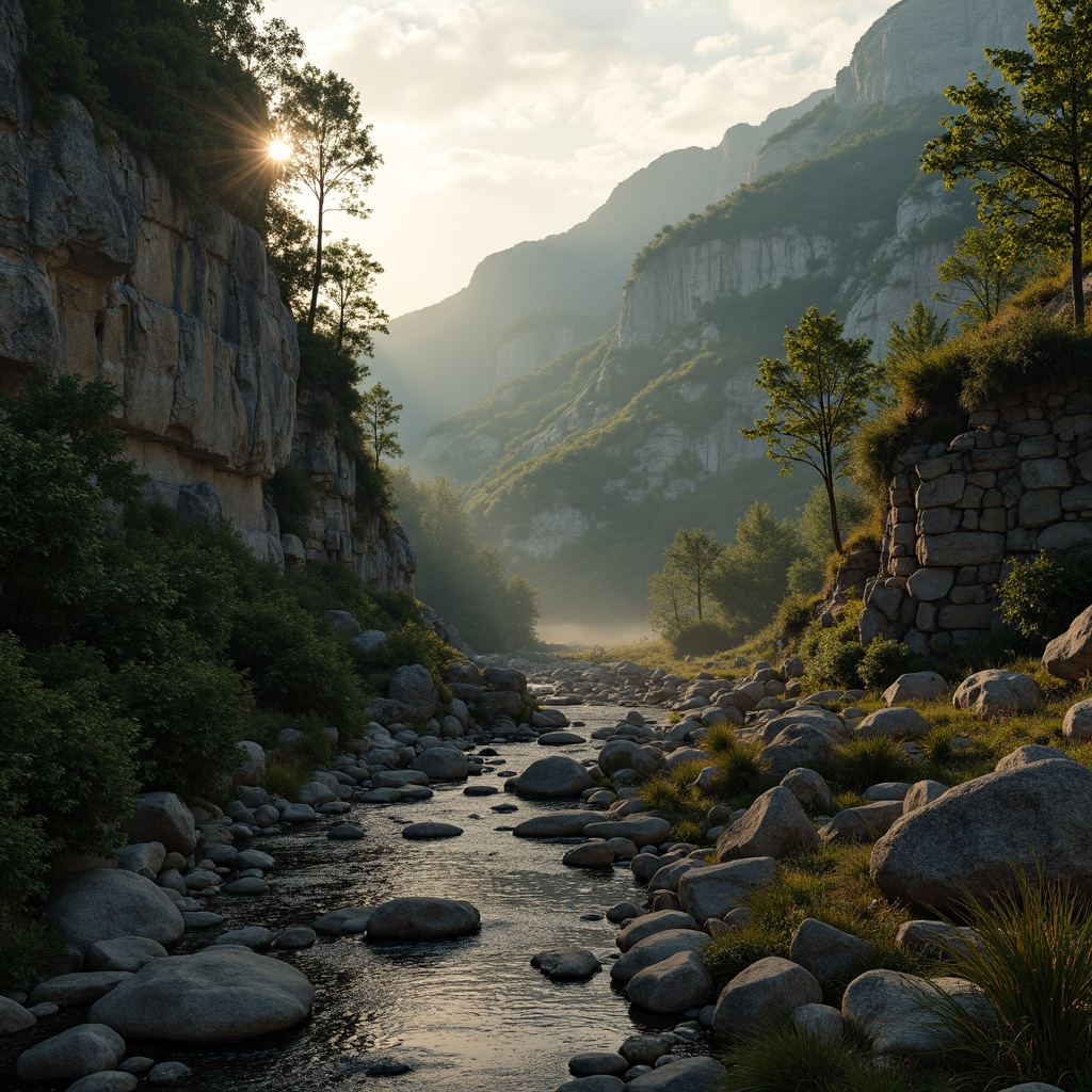 Prompt: Rugged mountainous terrain, rustic stone walls, sturdy concrete foundations, winding riverside paths, verdant green forests, misty atmospheric effects, warm golden lighting, dramatic skies, 3/4 composition, shallow depth of field, realistic rock textures, ambient occlusion.