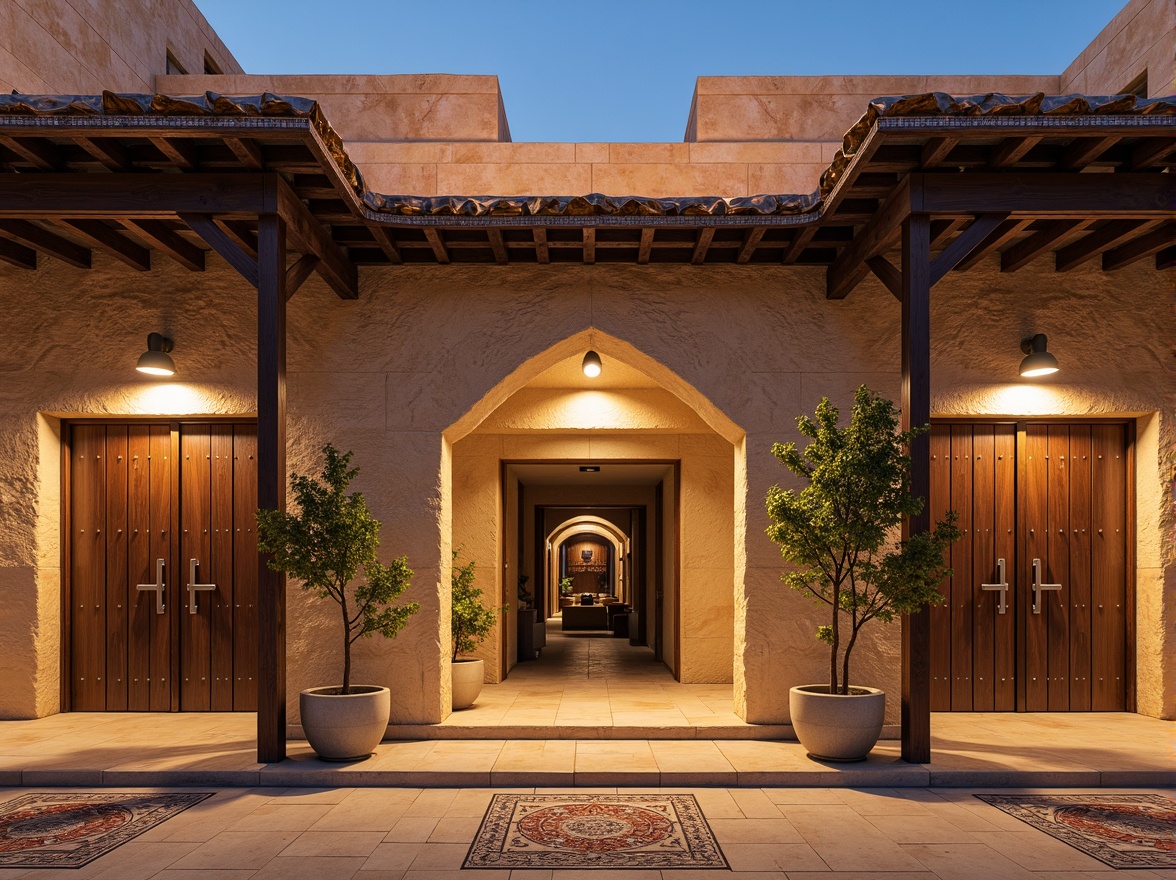 Prompt: Regional museum facade, earthy tone stone walls, ornate copper roofing, grand entrance archways, large overhanging eaves, wooden doorways, rustic metal hardware, natural stone flooring, decorative ceramic tiles, vibrant cultural patterns, ambient soft lighting, warm beige color scheme, classical column details, symmetrical composition, 1/2 perspective view, shallow depth of field, realistic textures, subtle ambient occlusion.Please let me know if this meets your requirements!