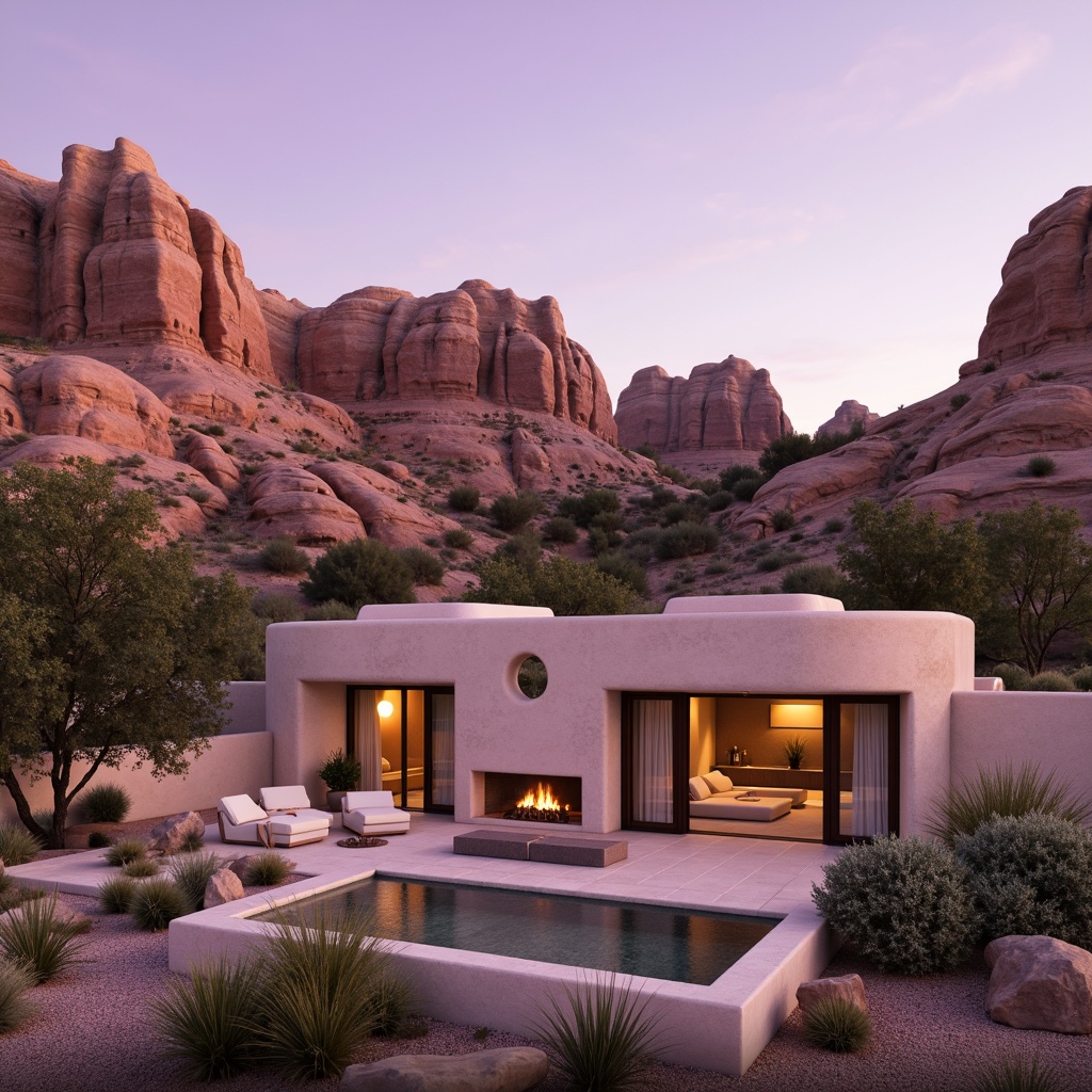 Prompt: Warm lilac hues, soft canyon rock formations, rustic natural surroundings, earthy tone exteriors, desert landscape, adobe-inspired architecture, curved lines, organic shapes, textured stucco walls, wooden accents, oversized windows, sliding glass doors, cozy outdoor seating areas, ambient warm lighting, shallow depth of field, 2/3 composition, serene atmosphere, realistic textures, subtle color gradients.