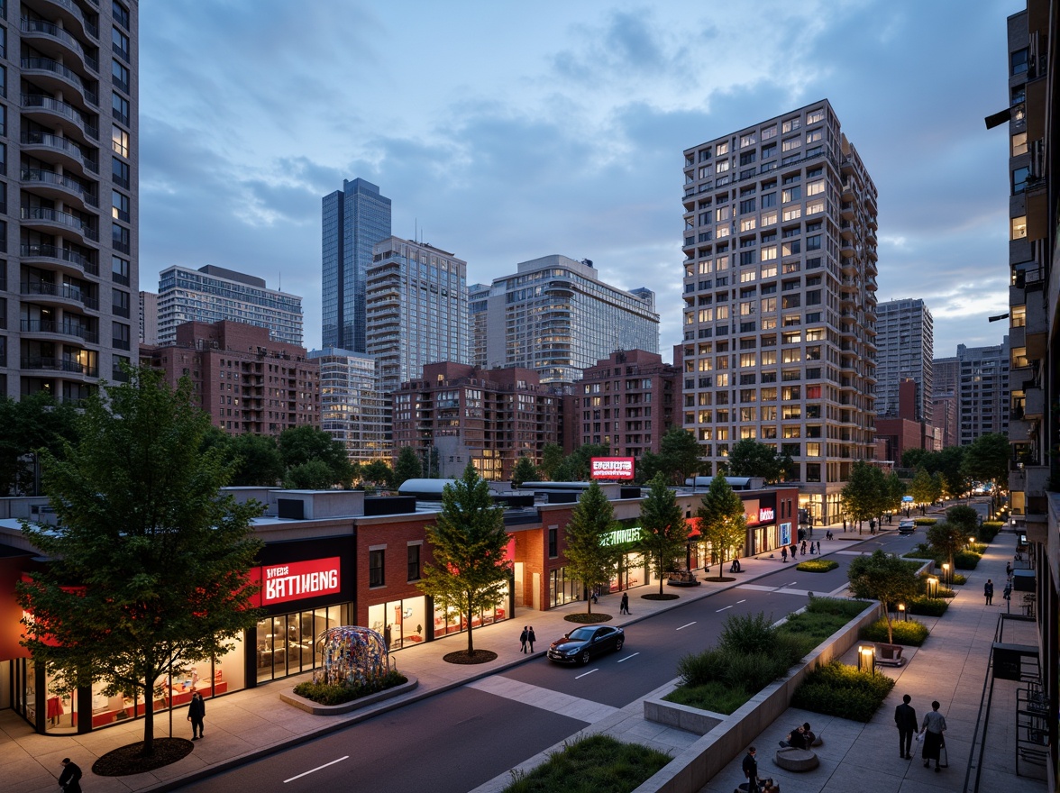 Prompt: Vibrant cityscape, modern high-rise buildings, bustling streets, urban parks, green roofs, pedestrian walkways, street lamps, public art installations, eclectic storefronts, neon signs, urban furniture, dynamic skylines, metropolitan atmosphere, warm evening lighting, shallow depth of field, 1/2 composition, realistic textures, ambient occlusion.