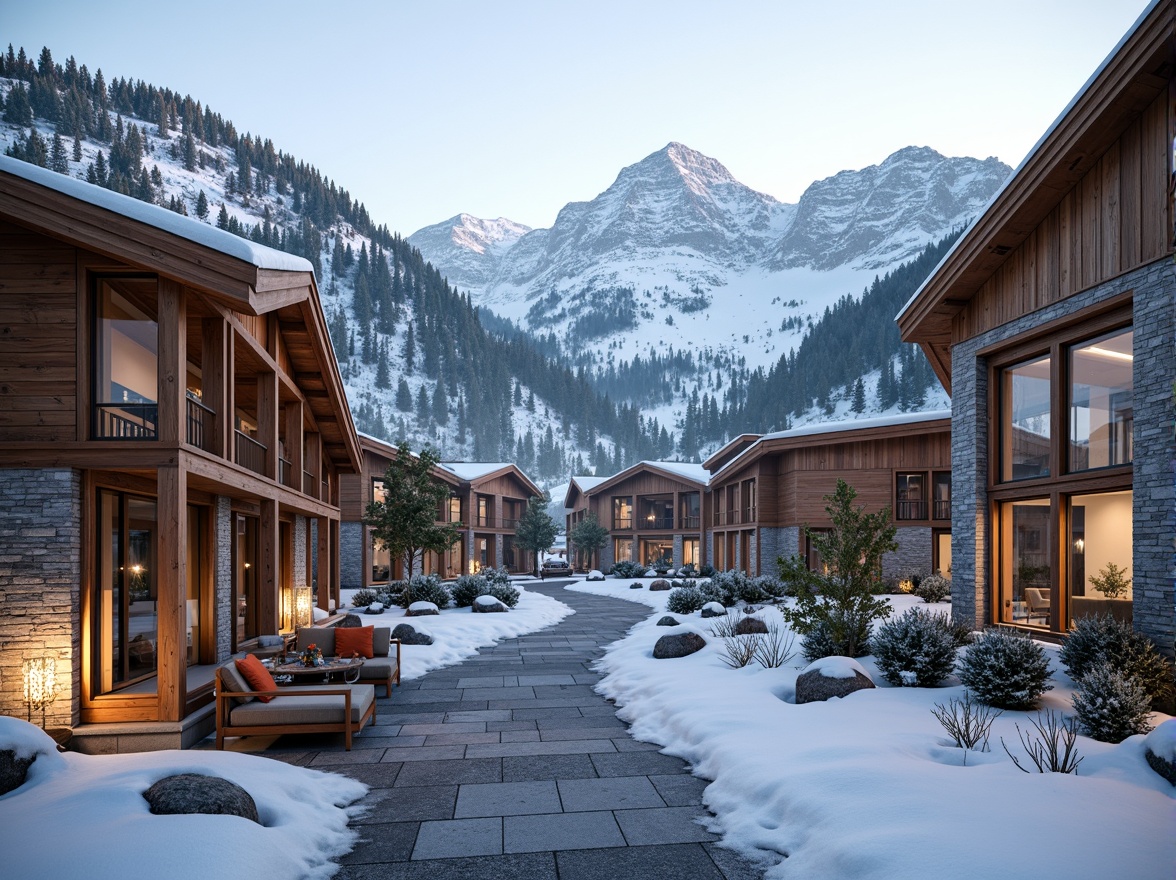 Prompt: Snow-capped mountain range, ski resort village, social housing complex, modern timber frame buildings, wooden cladding, natural stone foundations, sloping roofs, large windows, sliding glass doors, warm cozy interiors, rustic wooden accents, textured concrete floors, soft warm lighting, 3/4 composition, realistic textures, ambient occlusion.