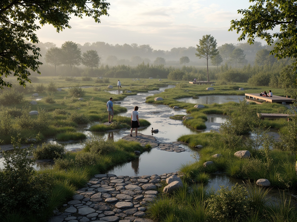 Prompt: Serene wetland landscape, lush vegetation, tranquil water bodies, meandering streams, natural stone pathways, wooden boardwalks, observation decks, interpretive signs, diverse aquatic life, native bird species, subtle misty atmosphere, warm soft lighting, shallow depth of field, 3/4 composition, panoramic view, realistic textures, ambient occlusion.