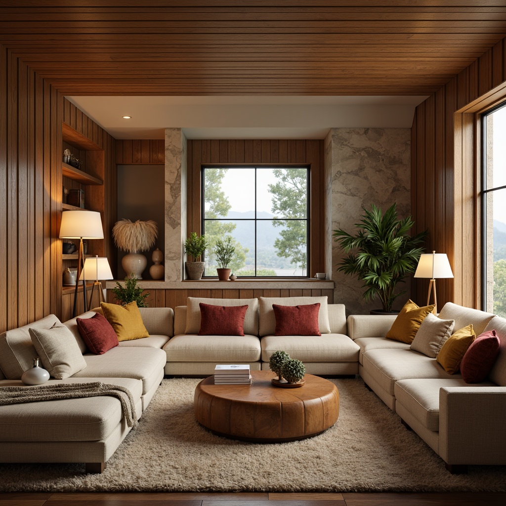 Prompt: Cozy living room, plush sofas, warm lighting, rich wood tones, natural stone walls, comfortable seating areas, vibrant colorful throw pillows, elegant floor lamps, soft carpet flooring, large windows, panoramic views, minimalist decor, modern furniture designs, luxurious textiles, subtle aromas, calm ambiance, relaxed atmosphere, inviting color schemes, warm beige tones, cream accents, earthy brown hues, gentle illumination, 1/1 composition, shallow depth of field, realistic textures.