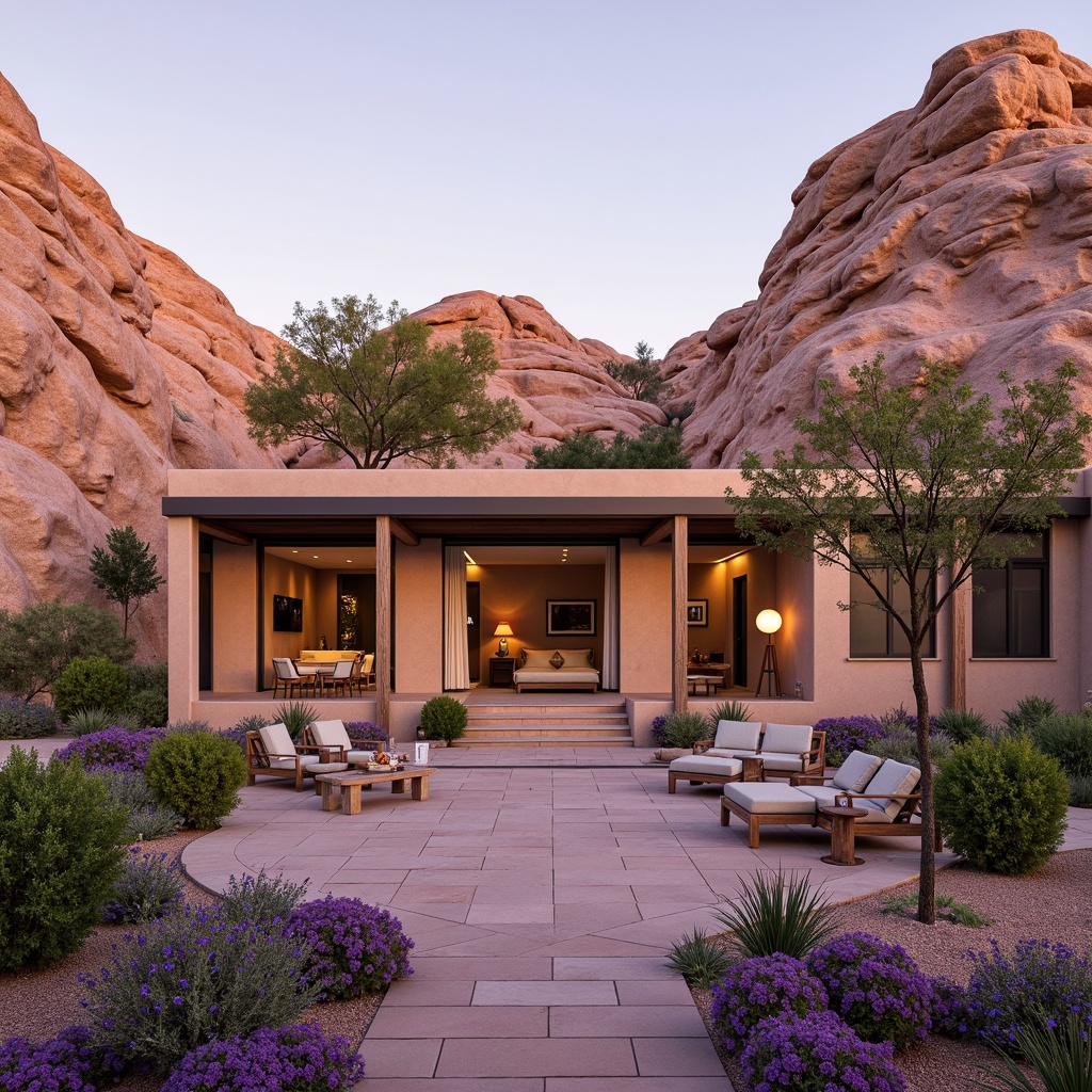 Prompt: Warm lilac hues, soft canyon rock formations, natural stone exteriors, earthy tones, rustic wooden accents, cozy outdoor seating areas, vibrant purple flowers, lush greenery, serene desert landscapes, gentle warm lighting, shallow depth of field, 1/2 composition, realistic textures, ambient occlusion, modern southwestern architecture, large windows, sliding glass doors, open floor plans, minimalist interior design, earth-inspired color palette.