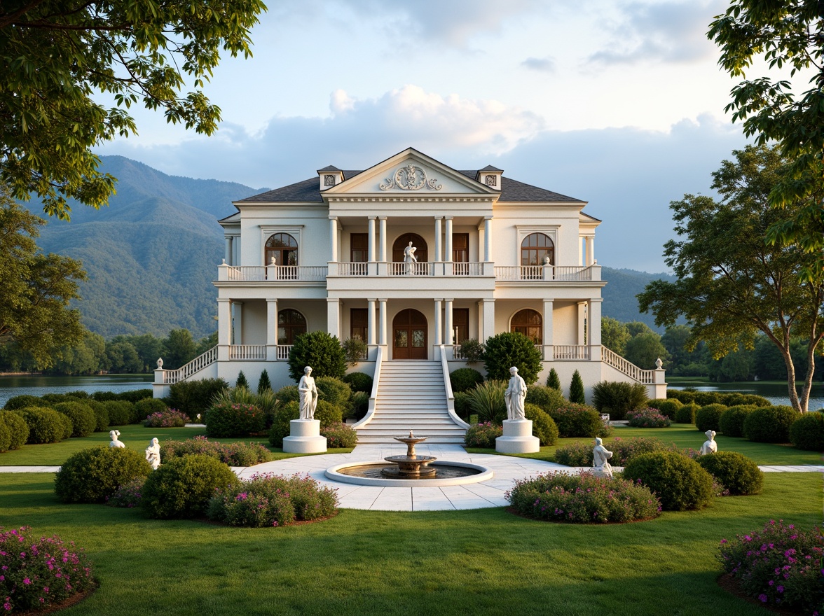 Prompt: Elegant neoclassical mansion, lush green lawns, ornate fountains, grand staircase, Corinthian columns, symmetrical fa\u00e7ade, neutral color palette, marble statues, manicured hedges, blooming flowers, serene lake views, rolling hills, cloudy blue sky, warm golden lighting, subtle mist, 1/1 composition, classical proportions, realistic textures, ambient occlusion.