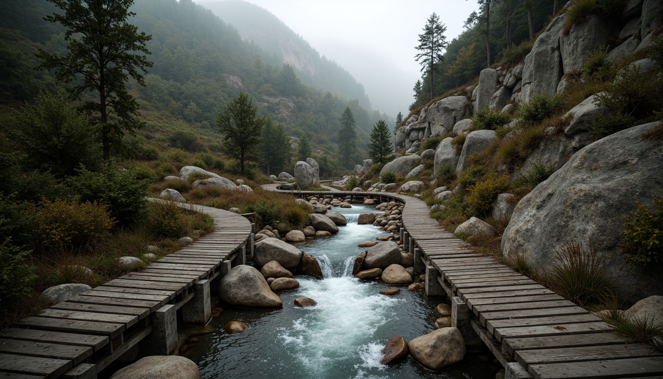 Prompt: Rustic stone abutments, rugged mountainous terrain, serene water flow, sturdy bridge pillars, weathered wooden planks, verdant vegetation, misty atmosphere, soft warm lighting, shallow depth of field, 3/4 composition, panoramic view, realistic textures, ambient occlusion.