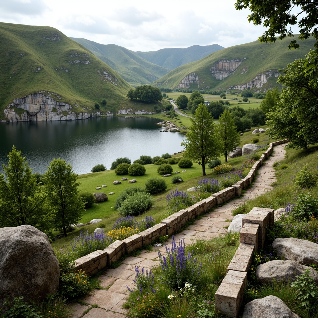 Prompt: Rolling hills, serene lakeside, lush greenery, native flora, meandering pathways, weathered stone walls, rustic wooden fences, vibrant wildflowers, tranquil water features, natural rock formations, earthy tones, soft diffused lighting, shallow depth of field, 3/4 composition, panoramic view, realistic textures, ambient occlusion.