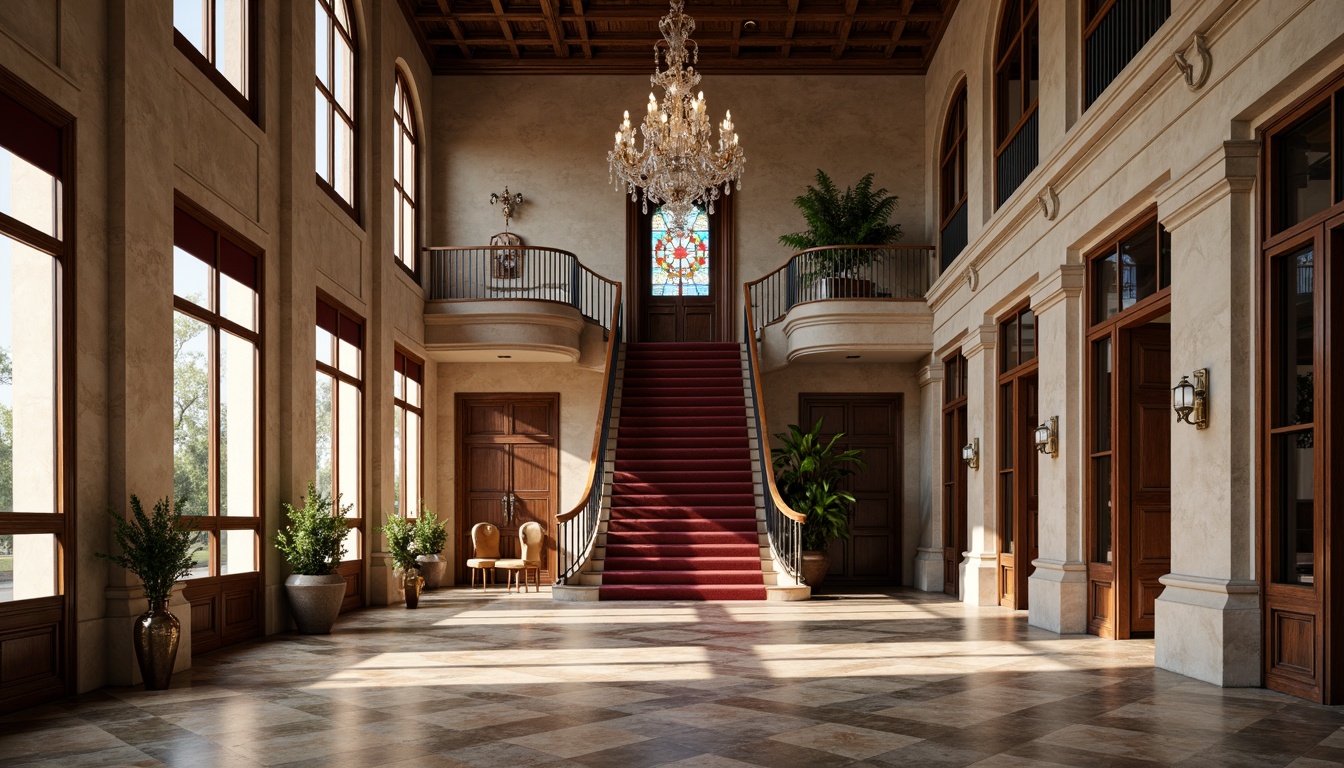 Prompt: Elegant mansion, classic columns, ornate facades, symmetrical composition, limestone walls, marble floors, wooden paneling, stained glass windows, grand entrance halls, sweeping staircases, crystal chandeliers, rich velvet fabrics, intricate moldings, carved wood details, soft warm lighting, shallow depth of field, 3/4 composition, realistic textures, ambient occlusion.