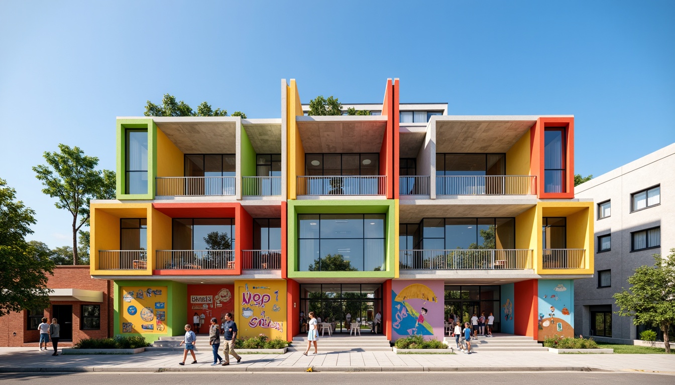 Prompt: Vibrant elementary school facade, deconstructivist architecture, irregular shapes, bold color blocks, fragmented forms, dynamic angles, exposed ductwork, industrial materials, corrugated metal panels, concrete walls, abstract murals, playful typography, whimsical patterns, natural light infiltration, clerestory windows, open-air corridors, educational signage, interactive exhibits, collaborative learning spaces, flexible seating areas, minimalist landscaping, scattered trees, sunny day, high-contrast lighting, shallow depth of field, 2/3 composition.