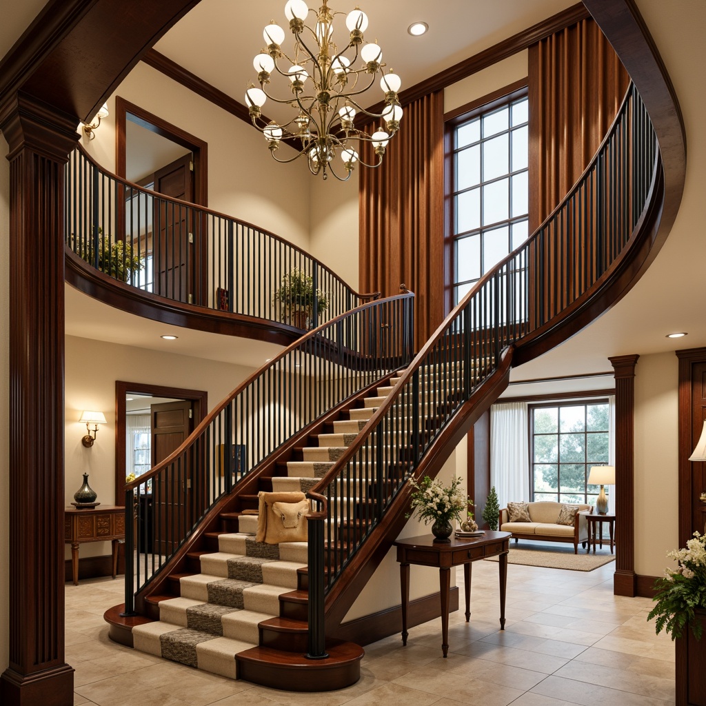 Prompt: Elegant staircase railings, curved metal balusters, polished wooden handrails, intricate ironwork details, ornate newel posts, luxurious velvet rope barriers, modern glass panels, minimalist cable railings, industrial-style pipe railings, sleek aluminum handrails, durable stainless steel railings, safety-compliant guardrails, decorative finials, grand entranceways, opulent chandeliers, warm ambient lighting, shallow depth of field, 1/1 composition, realistic reflections.