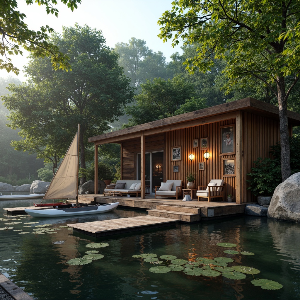 Prompt: Rustic wooden boathouse, serene lake surroundings, lush greenery, water lilies, floating docks, sailboats, kayaks, paddles, nautical decorations, vintage anchors, natural stone walls, earthy tones, weathered wood accents, cozy outdoor seating, lantern-style lighting, soft warm glow, misty morning atmosphere, shallow depth of field, 1/2 composition, realistic textures, ambient occlusion.