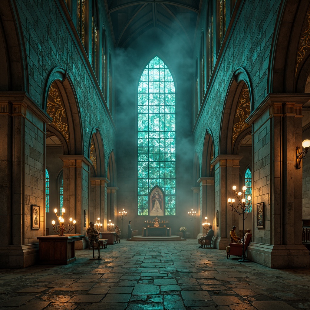 Prompt: Ethereal cathedral, fractured stone walls, stained glass mosaics, vibrant turquoise accents, rich gold ornaments, intricate archways, dramatic lighting effects, mysterious shadows, abstract geometric patterns, distressed concrete textures, oxidized metal details, atmospheric fog, warm candlelight, 1/2 composition, low-angle shot, cinematic mood, realistic weathering, subtle color grading.