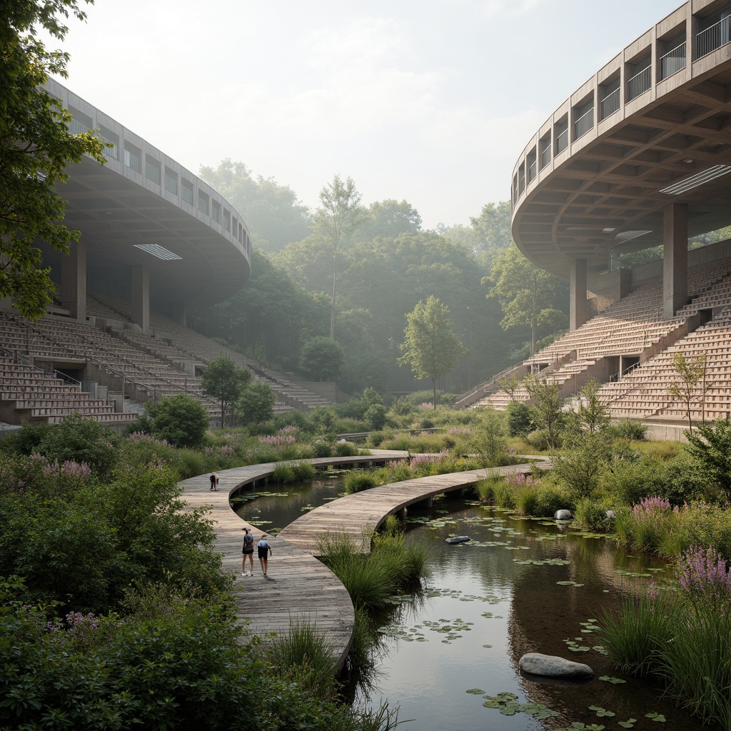 Prompt: Ecological stadium, curved architecture, lush wetland vegetation, native aquatic plants, winding waterways, natural stone seating, weathered wooden bridges, misty morning atmosphere, soft diffused lighting, shallow depth of field, 2/3 composition, panoramic view, realistic textures, ambient occlusion, bird's eye perspective, subtle color palette, earthy tones, serene ambiance.