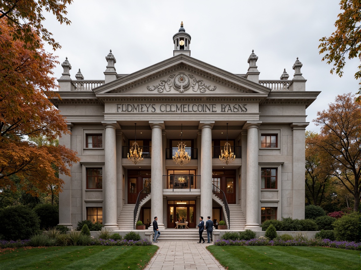 Prompt: Grandiose bank building, neoclassical facade, ornate columns, rusticated stone walls, symmetrical composition, grand entrance, sweeping staircases, high ceilings, elegant chandeliers, rich wood paneling, leather-bound books, academic regalia, traditional pediment, classic clock tower, imposing stone lions, manicured lawn, autumn foliage, overcast day, soft diffused lighting, shallow depth of field, 1/2 composition, realistic textures.