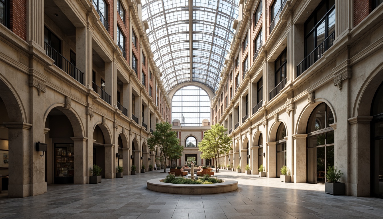 Prompt: Grandiose neoclassical facade, ornate columns, arches, and domes, sleek modernist glass atrium, steel beams, industrial chic pipes, exposed brick walls, polished marble floors, intricate moldings, classic pilasters, subtle minimalist decor, natural light pouring in, soft warm glow, 1/1 composition, shallow depth of field, realistic textures, ambient occlusion.