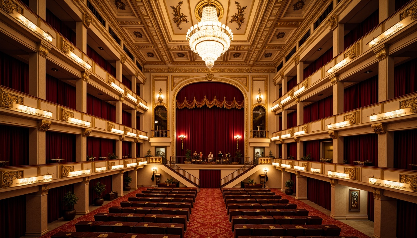 Prompt: Grand opera house, ornate chandeliers, red velvet curtains, golden balconies, intricate moldings, marble floors, lavish furnishings, Baroque architecture, dramatic staircases, sweeping archways, richly patterned carpets, soft warm lighting, shallow depth of field, 3/4 composition, symmetrical framing, opulent textures, ambient occlusion.