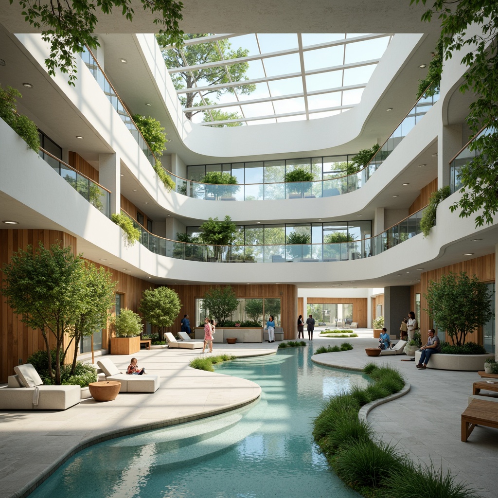 Prompt: Modern healthcare facility, natural light-filled atrium, calming water features, soothing green walls, wooden accents, minimalistic decor, ergonomic furniture, curved lines, acoustic panels, sound-absorbing materials, private patient rooms, large windows, natural ventilation, air purification systems, antibacterial surfaces, wheelchair-accessible pathways, Braille signage, gentle color scheme, soft indirect lighting, 1/2 composition, shallow depth of field, realistic textures, ambient occlusion.