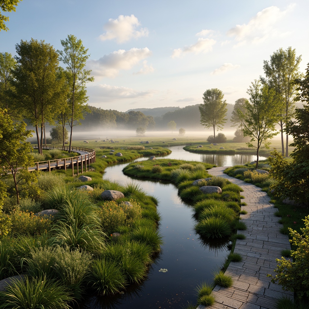 Prompt: Serenely harmonious wetland landscape, lush green vegetation, tranquil water bodies, meandering streams, natural stone walkways, wooden boardwalks, observation decks, bird-watching platforms, indigenous plant species, vibrant wildflowers, soft misty atmosphere, warm golden lighting, shallow depth of field, 3/4 composition, panoramic view, realistic textures, ambient occlusion, eco-friendly materials, sustainable design solutions.