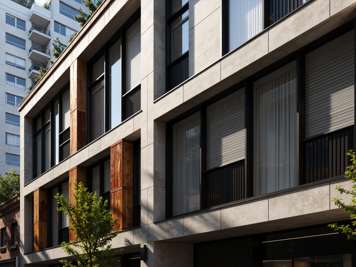 Prompt: Modern building facade, industrial chic aesthetic, exposed concrete walls, metallic accents, rusted steel beams, reclaimed wood cladding, natural stone veneer, matte black window frames, minimalist ornamentation, urban cityscape backdrop, dramatic shadows, high-contrast lighting, 1/2 composition, atmospheric perspective, realistic material textures, subtle color gradations.