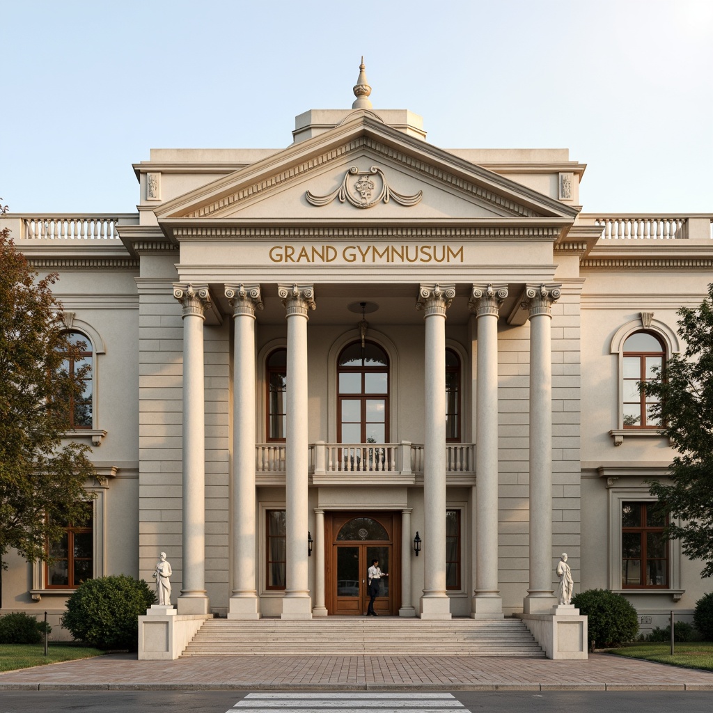 Prompt: Grand gymnasium facade, neoclassical architecture, ionic columns, ornate details, symmetrical composition, grand entrance, arched windows, rusticated walls, classical pediments, statues and sculptures, elegant proportions, cream-colored stone, subtle texture, soft warm lighting, slight atmospheric perspective, 1/1 composition, realistic materials, ambient occlusion.