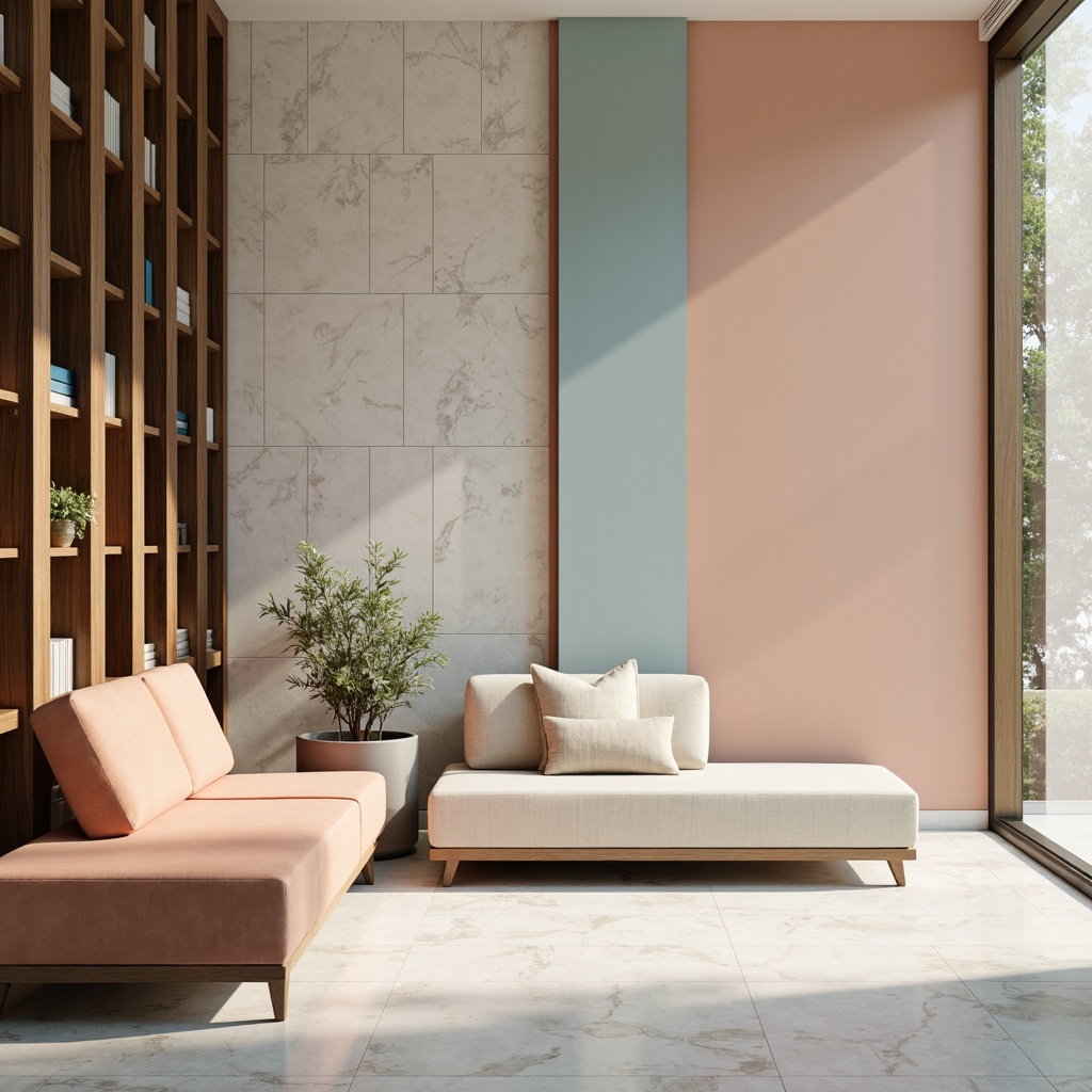 Prompt: Soft peach hues, creamy whites, calming blues, muted greens, warm beige tones, rich wood accents, subtle metallic sheens, elegant marble textures, luxurious velvet fabrics, sophisticated glass surfaces, serene natural light, gentle shadowplay, 1/1 composition, intimate focal length, realistic reflections, ambient occlusion.