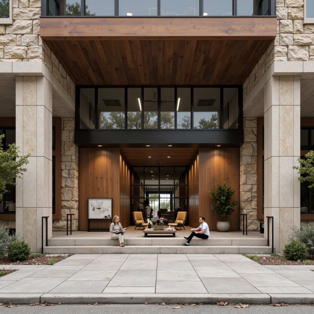 Prompt: Rustic courthouse facade, rough-hewn stone walls, wooden accents, metal framework, industrial-style lighting fixtures, large windows, minimal ornamentation, functional simplicity, brutalist-inspired design, natural textures, earthy tones, warm beige colors, exposed concrete columns, minimalist furnishings, industrial-chic decor, urban cityscape backdrop, overcast day, soft diffused light, shallow depth of field, 1/1 composition, realistic materials, ambient occlusion.