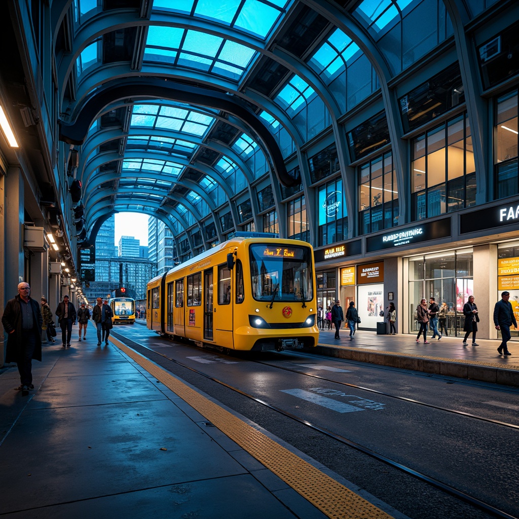 Prompt: Vibrant tram station, urban landscape, bustling city life, modern architecture, sleek metal beams, glass roofs, bright LED lights, bold typography signs, futuristic feel, neon color scheme, electric blue accents, warm yellow lighting, dark grey concrete floors, industrial-chic decor, metallic textures, dynamic shadows, 1/1 composition, high-contrast imagery, atmospheric misting effects.