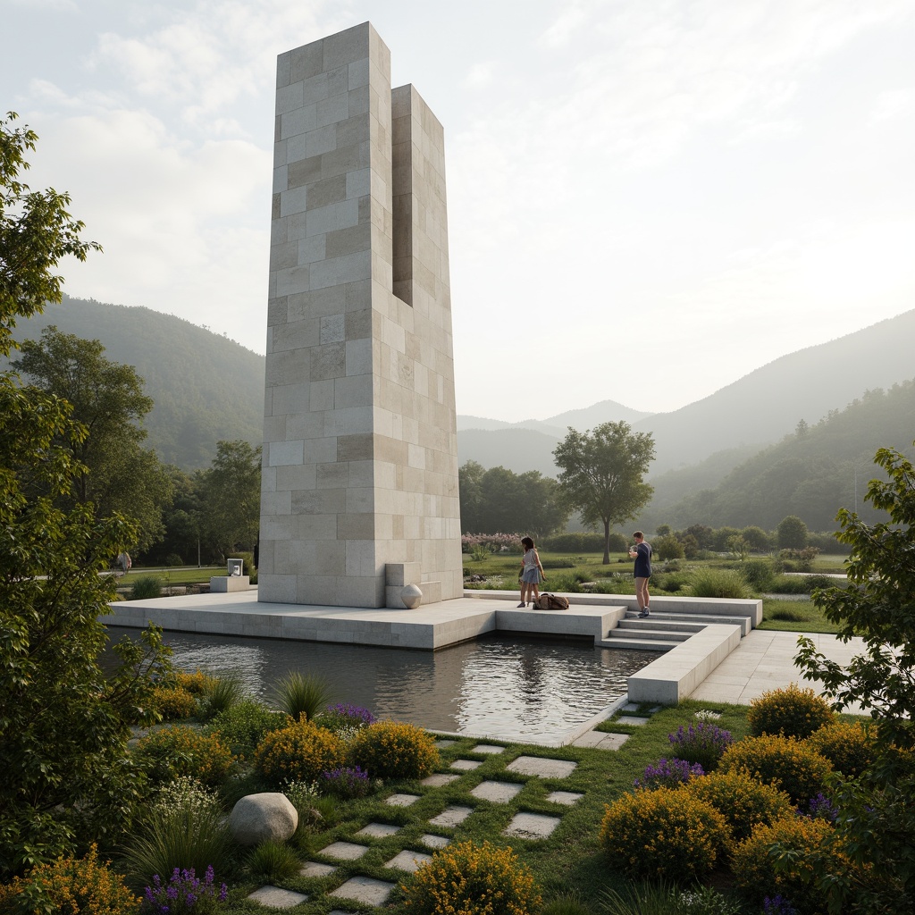 Prompt: Sleek monument, minimalist architecture, neutral color palette, clean lines, simple shapes, subtle textures, natural stone materials, elegant water features, serene landscape, lush greenery, vibrant flowers, misty atmosphere, soft warm lighting, shallow depth of field, 3/4 composition, panoramic view, realistic textures, ambient occlusion, gentle hills, meandering pathways, scenic overlooks, peaceful ambiance.