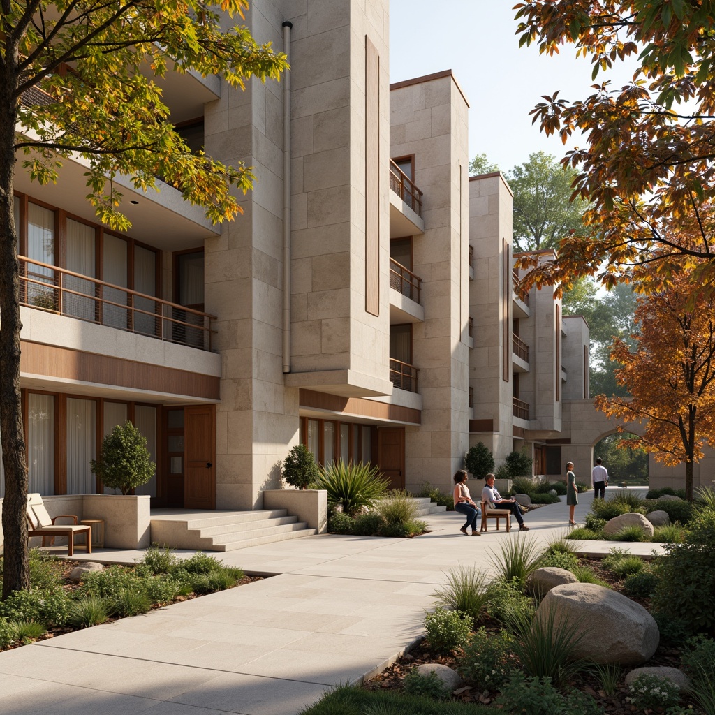 Prompt: Neutral-toned academic building facade, earthy brown stone walls, cream-colored concrete columns, rich wooden accents, subtle metallic trim, calm atmosphere, natural light pouring in through large windows, comfortable learning environment, professional ambiance, modern architectural design, rectangular shapes, clean lines, minimal ornamentation, subtle texture variations, soft warm lighting, shallow depth of field, 3/4 composition.