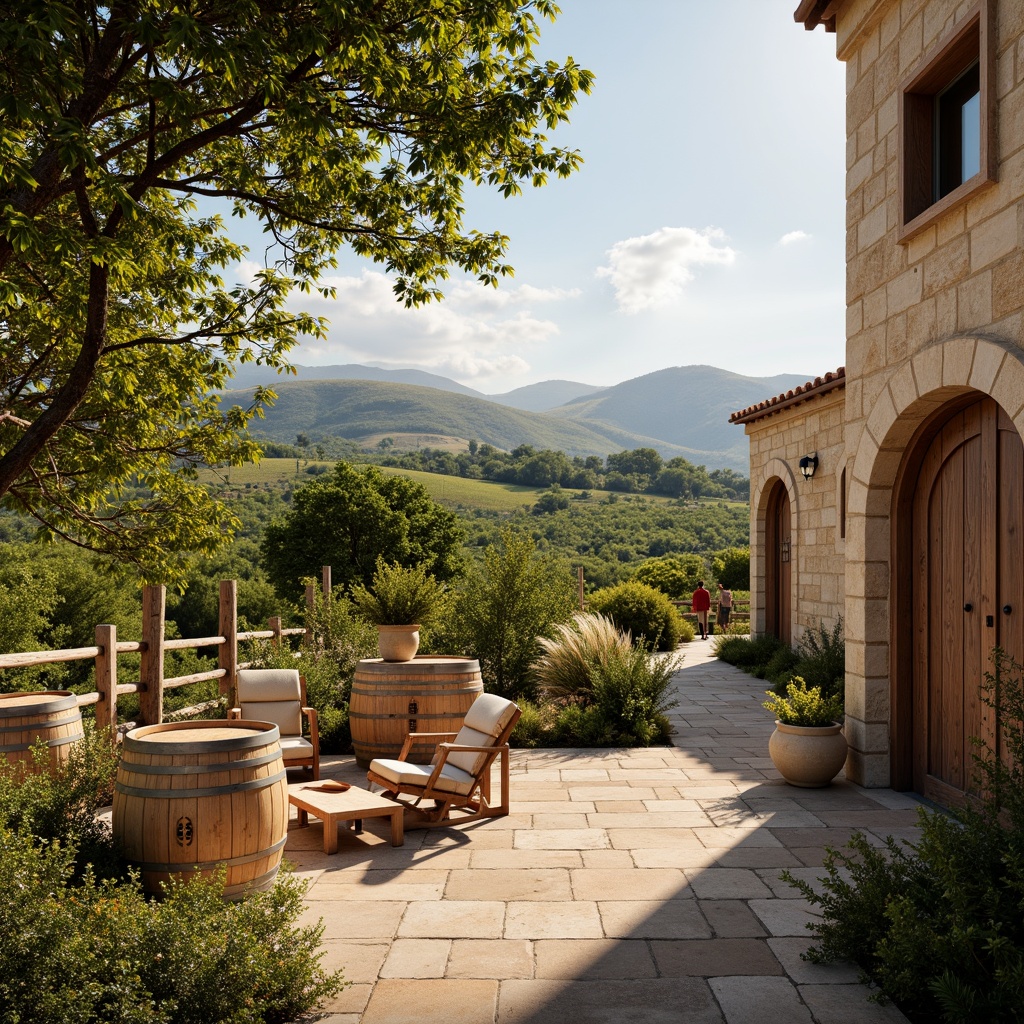 Prompt: Rustic vineyard landscape, rolling hills, lush green vines, wine barrels, wooden crates, natural stone walls, earthy tones, Mediterranean climate, warm sunny day, soft golden lighting, shallow depth of field, 3/4 composition, panoramic view, realistic textures, ambient occlusion, regionalist architecture, curved lines, arches, terracotta roofs, large wooden doors, stone floors, reclaimed wood accents, eco-friendly materials, rainwater harvesting systems, grey water reuse, solar panels, living walls, green roofs, organic farming practices, locally sourced materials.