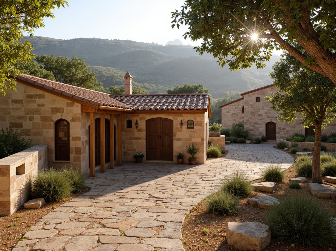 Prompt: Rustic countryside, rolling hills, ancient olive trees, weathered stone walls, Byzantine-inspired barn architecture, terracotta roof tiles, ornate wooden doors, intricate stone carvings, natural earth tones, warm golden lighting, soft focus, atmospheric perspective, 1/2 composition, serene atmosphere, organic textures, subtle depth cues.