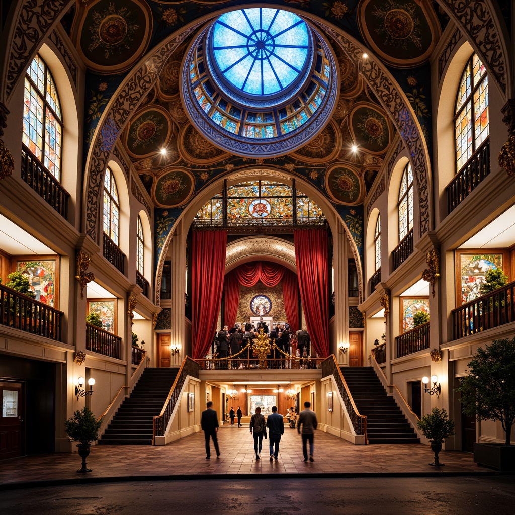 Prompt: Ornate performing arts center, curved lines, flowing organic forms, vibrant colorful mosaics, stained glass windows, intricate ironwork, ornamental balconies, grand entranceways, sweeping staircases, luxurious velvet drapes, gilded accents, soft warm lighting, shallow depth of field, 1/2 composition, symmetrical framing, realistic textures, ambient occlusion, urban cityscape, bustling streets, evening performances, dramatic spotlights.