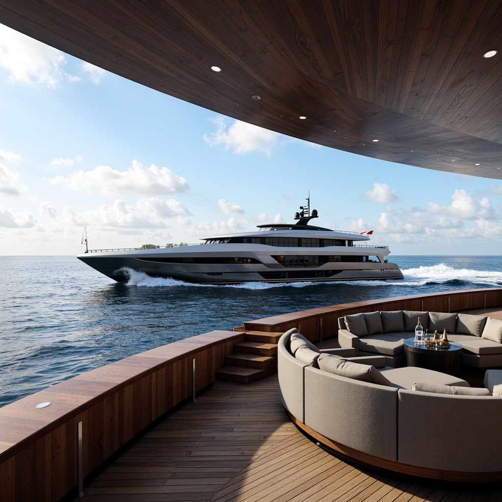 Prompt: Futuristic yacht, sleek fibreglass hull, metallic accents, dynamic curves, luxurious interior, plush upholstery, polished wood trim, advanced navigation systems, high-tech gadgets, open ocean views, sunny day, soft warm lighting, shallow depth of field, 3/4 composition, panoramic view, realistic textures, ambient occlusion.