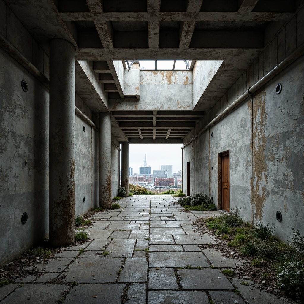 Prompt: Exposed concrete walls, rough stone floors, distressed metal beams, industrial pipes, raw wood accents, brutalist columns, fortress-like structures, urban cityscape, overcast sky, dramatic shadows, high-contrast lighting, cinematic composition, 1/2 camera angle, gritty realistic textures, ambient occlusion.