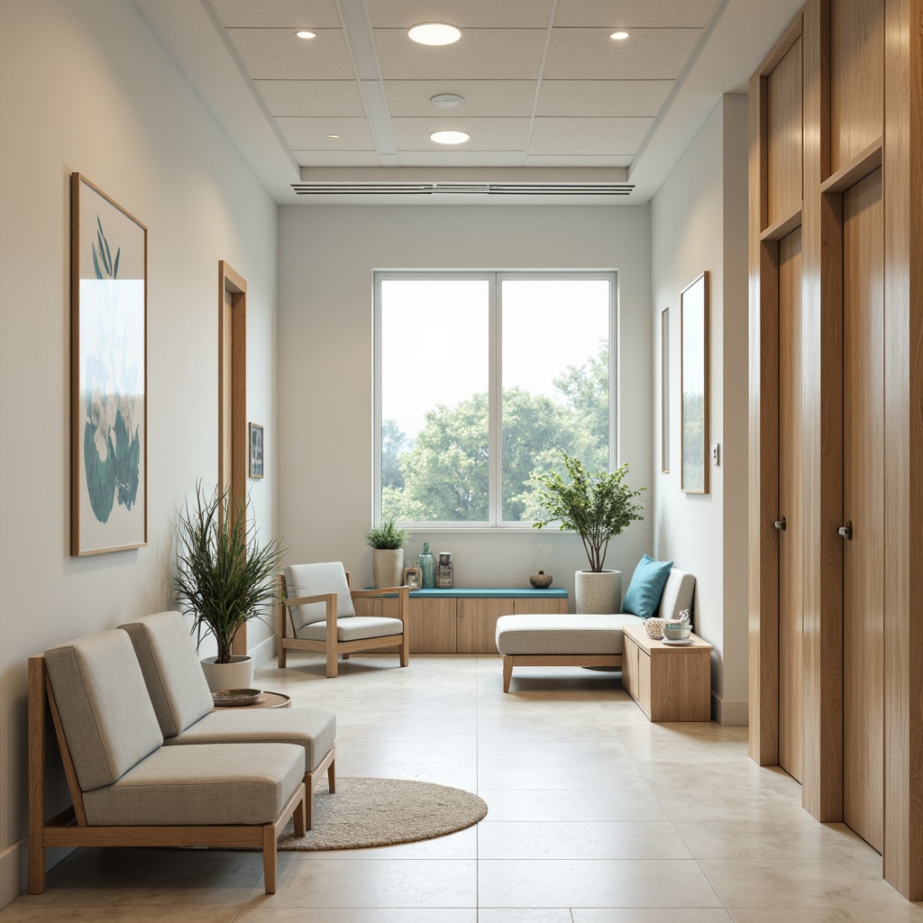 Prompt: Calming medical clinic, soft pastel hues, creamy whites, gentle blues, soothing greens, warm beige tones, natural wood accents, minimalist decor, clean lines, sterile environments, modern medical equipment, calming artwork, peaceful waiting areas, comfortable seating, subtle textures, shallow depth of field, 1/1 composition, realistic rendering.