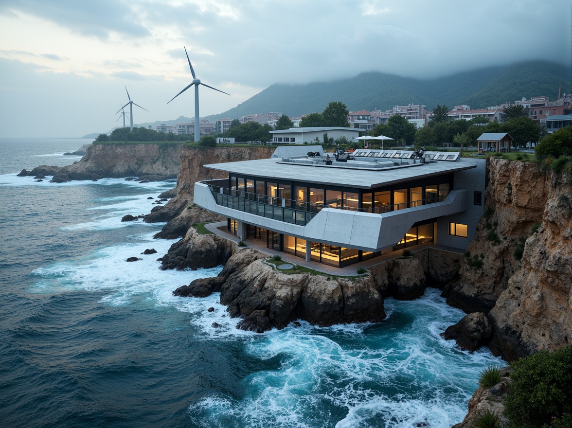 Prompt: Wave-crashing coastline, oceanic atmosphere, rugged cliffs, wind turbines, solar panels, modern high-tech architecture, metallic fa\u00e7ade, reflective glass surfaces, angular lines, minimalist design, sustainable energy solutions, seawater desalination systems, wave energy converters, tidal power generators, eco-friendly materials, innovative cooling technologies, shaded outdoor spaces, misting systems, futuristic aesthetic, neon-lit accents, dynamic LED lighting, 3/4 composition, panoramic view, realistic textures, ambient occlusion.