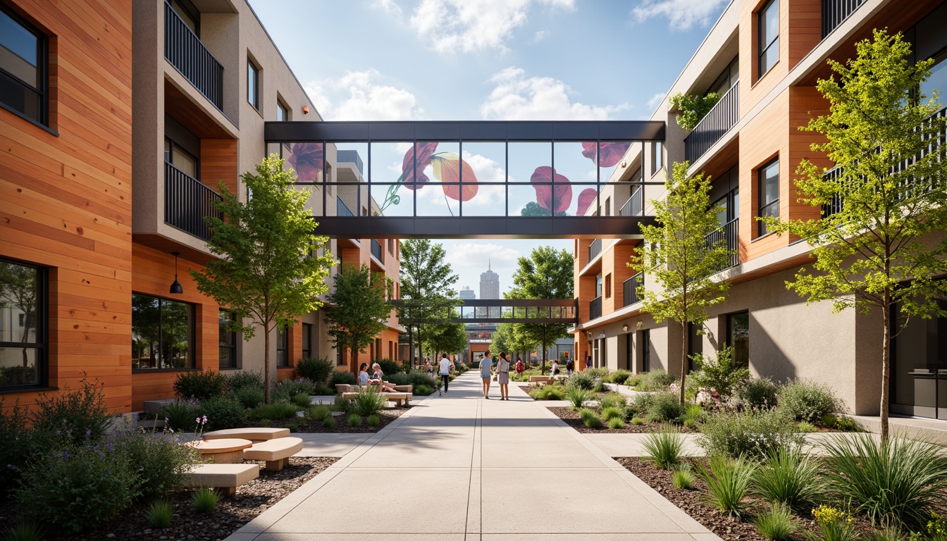 Prompt: Vibrant community center, warm beige exterior walls, rich wood accents, energetic orange highlights, calming blue tones, soft greenery, natural stone floors, modern angular lines, abundant daylight, clerestory windows, rustic metal beams, cozy seating areas, lively public art installations, urban cityscape backdrop, morning sunlight, softbox lighting, 1/2 composition, shallow depth of field, realistic textures.